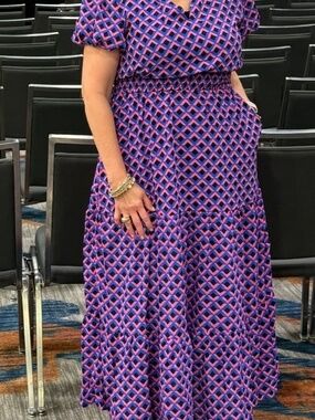 MASCOMODA Pink Blue Geometric Smocked Waist Maxi Dress Size L